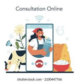 Dairy farm online service or platform. Milkmaid milking a cow. Milk, cheese, butter making. Dairy natural products. Online consultation. Flat vector illustration