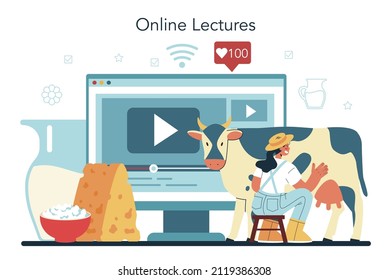Dairy farm online service or platform. Milkmaid milking a cow. Milk, cheese, butter making. Dairy natural products. Online lecture. Flat vector illustration