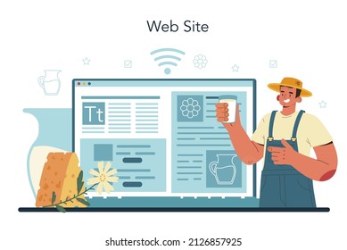 Dairy farm online service or platform. Milkmaid milking a cow. Milk, cheese, butter making. Dairy natural products. Website. Flat vector illustration