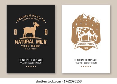 Dairy farm. Only fresh milk. Vector. Flyer, brochure, banner, poster design with cow, goat and mountain silhouette. Template for dairy and milk farm business - shop, market, packaging and menu