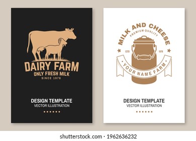 Dairy farm. Only fresh milk badge, logo. Vector Flyer, brochure, banner, poster design with cow, goat, milk can silhouette. Template for dairy and milk farm business, shop, market, packaging and menu