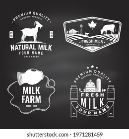 Dairy farm. Only fresh milk badge, logo on the chalkboard. Vector. Typography design with cow , goat silhouette. Template for dairy and milk farm business - shop, market, packaging and menu