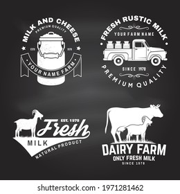 Dairy farm. Only fresh milk badge, logo on the chalkboard. Vector. Typography design with cow , goat silhouette. Template for dairy and milk farm business - shop, market, packaging and menu