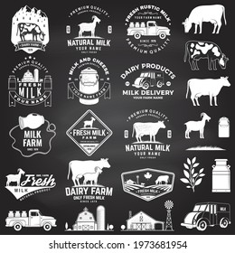 Dairy farm. Only fresh milk badge, logo on the chalkboard. Vector. Typography design with cow , goat silhouette. Template for dairy and milk farm business - shop, market, packaging and menu