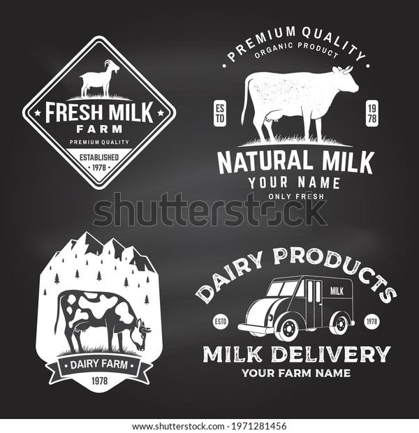 Dairy\
farm. Only fresh milk badge, logo on the chalkboard. Vector.\
Typography design with cow, goat silhouette. Template for dairy and\
milk farm business shop, market, packaging and\
menu