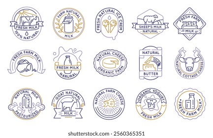 Dairy and farm product logos, labels, icons. A set of 15 dairy logotypes. Farm Milk, Cottage Cheese, Yogurt. For branding dairy farms, organic products, and natural food business. Vector illustration