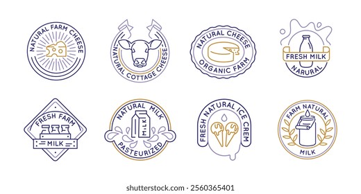 Dairy and farm product logos, labels, icons. A set of 8 dairy logotypes. Farm Milk, Cottage Cheese, Yogurt. For branding dairy farms, organic products, and natural food business. Vector illustration