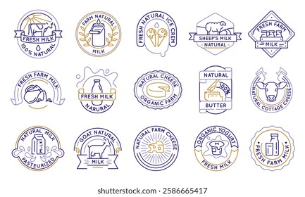 Dairy and farm product logos, labels, icons. A set of 15 dairy logotypes. Farm Milk, Cottage Cheese, Yogurt. For branding dairy farms, organic products, and natural food business. Vector illustration