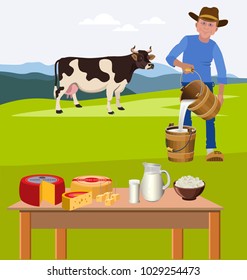 Dairy farm products with a cow against a background of alpine pasture. Vector illustration