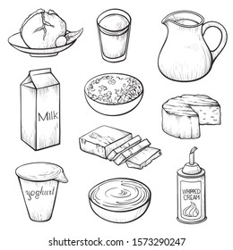 Dairy farm products hand drawn vector illustrations set. Natural food, organic nutrition elements collection isolated on white. Fresh milk, cheese, whipped cream, curd and yogurt detailed drawings