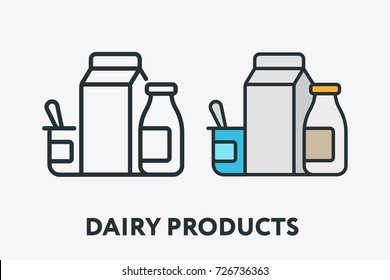 Dairy Farm Products Milk Pack Yogurt Sour Cream Minimal Flat Line Outline Colorful and Stroke Icon Pictogram