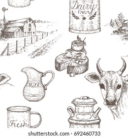 Dairy farm seamless pattern. Includes hand drawn sketch of barn, cow, cheese, milk and farm appliances. Great for brochures, interior design, travel books.