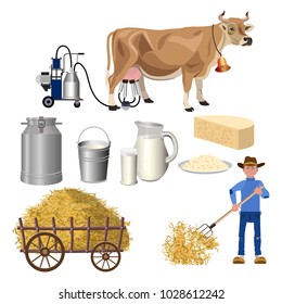 Dairy farm set. Milk products and cow. Vector illustration isolated on white background