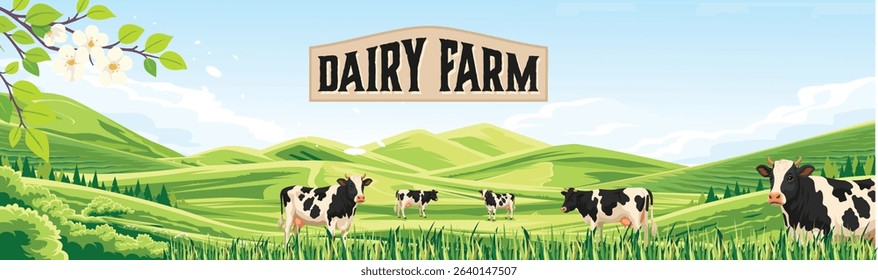 "Dairy Farm" sign above cows grazing in a vibrant green hilly landscape.