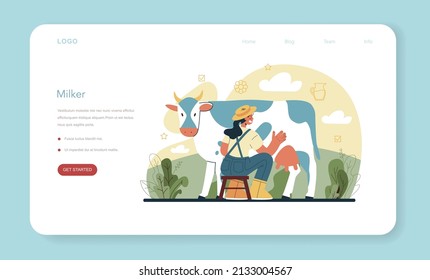 Dairy farm web banner or landing page. Milkmaid milking a cow. Milk, cheese, butter making. Dairy natural products for breakfast. Healthy organic food. Flat vector illustration