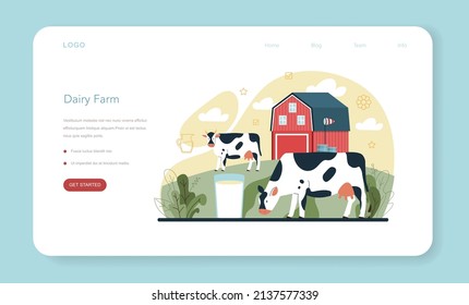 Banner web de la granja de productos lácteos o página de aterrizaje. Sirena ordeñando una vaca. Leche, queso, mantequilla. Productos lácteos naturales para el desayuno. Alimentos orgánicos saludables. Ilustración vectorial plana