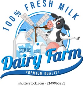 Dairy farm word logo with a dairy cow cartoon illustration