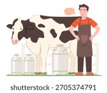 Dairy Farmer Man Worker Standing Near a Dairy Cow with Milk Cans in Farm for Dairy Cattle and Milking Cow Concept Illustration