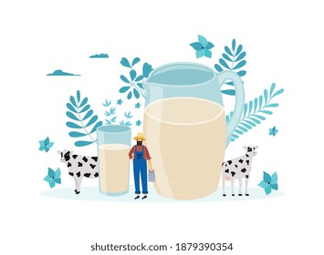 Dairy Farmer And Milk Cow - Cartoon Poster With Giant Jug And Glass Of Milk Next To Farm Animals And Ranch Worker. Vector Illustration On White Background