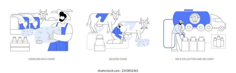 Dairy farming abstract concept vector illustration set. Handling livestock, farmer milking cows on ranch, dairy collection and delivery, organic farm products, agriculture industry abstract metaphor.