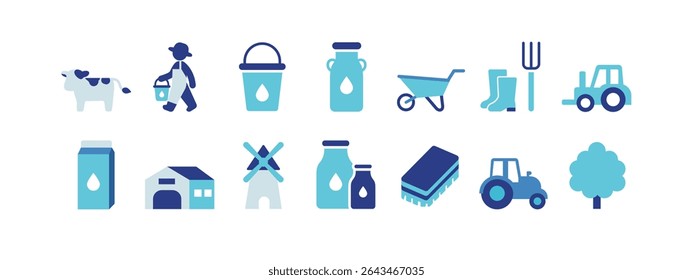 Dairy Farming and Agriculture Icon Set – Cow, Milk, Tractor, Farmer, Barn, Bottle, Tools
