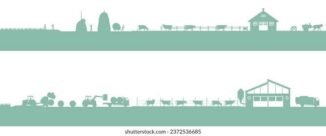 Dairy farming. Dairy cows, barns and pasture work. Silhouette illustration of changes in current and past work