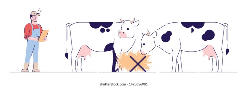 Dairy farming flat vector illustration. Livestock, cattle agriculture, animal husbandry concept. Animal breeding. Male farmer taking notes cartoon character with outline. Cow feeding and nutrition