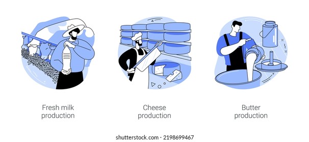 Dairy farming isolated cartoon vector illustrations set. Farmer holding bottle with fresh milk, making cheese at farm, butter production, secondary product, agribusiness, farming vector cartoon.