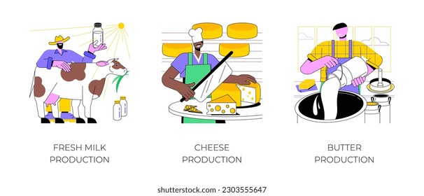 Dairy farming isolated cartoon vector illustrations set. Farmer holding bottle with fresh milk, making cheese at farm, butter production, secondary product, agribusiness, farming vector cartoon.