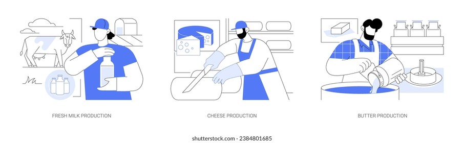 Leche aislada ilustraciones de vectores de dibujos animados. Granjero sosteniendo botellas con leche fresca, haciendo queso en la granja, producción de mantequilla, producto secundario, agroindustria, cartoon vector agrícola.