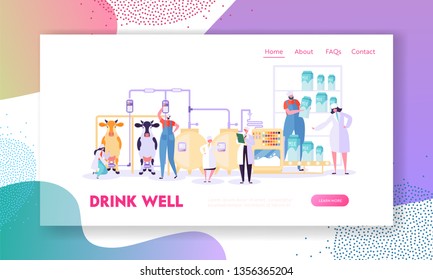 Dairy Farming Landing Page. Agricultural or Animal Husbandry Enterprise. Cow Produce Milk, Character Processing and Retail Sale Website or Web Page. Flat Cartoon Vector Illustration