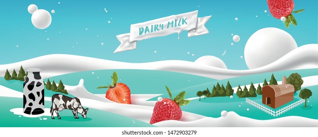 Dairy farms and pastures with milk and strawberry flowing on scenery background, dairy products, vector illustration and design.