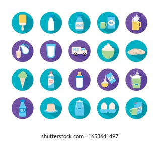 dairy flat style icon set design, breakfast food fresh natural healthy product calcium and nature theme Vector illustration