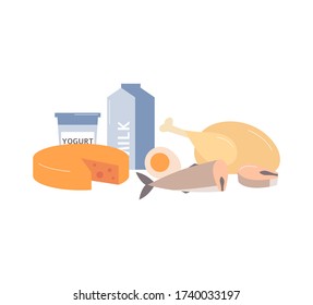 Dairy food, fish and meat isolated on white background. Healthy diet composition with meat, milk, cheese and other protein groceries, flat vector illustration.