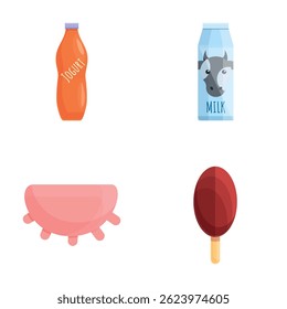 Dairy food icons set cartoon vector. Cow milk, yogurt and ice cream. Farm organic food