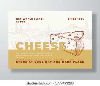 Dairy Food Label Template. Abstract Vector Packaging Design Layout. Modern Typography Banner with Hand Drawn Cheese Slice and Rural Landscape Background. Isolated.