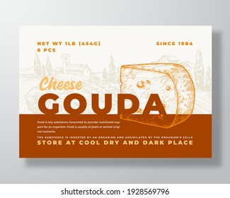 Dairy Food Label Template. Abstract Vector Packaging Design Layout. Modern Typography Banner with Hand Drawn Gouda Cheese and Rural Landscape Background. Isolated.