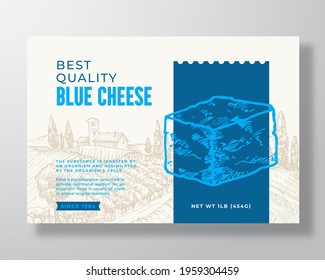 Dairy Food Label Template. Abstract Vector Packaging Design Layout. Modern Typography Banner with Hand Drawn Blue Cheese Cube and Rural Landscape Background. Isolated.