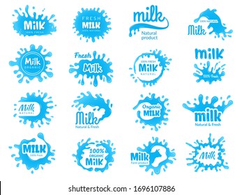 Dairy food logo. Milk yoghurt and lecho farm badges design with flowing liquid dairy products with splashes vector set