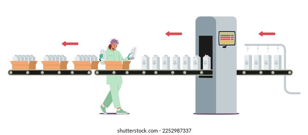 Dairy Food Packaging, Industrial Automation Process. Woman Plant Worker Character Take Milk Packages from Factory Conveyor Belt Put in Boxes for Delivery in Supermarket. Cartoon Vector Illustration