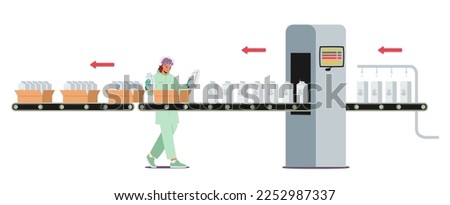 Dairy Food Packaging, Industrial Automation Process. Woman Plant Worker Character Take Milk Packages from Factory Conveyor Belt Put in Boxes for Delivery in Supermarket. Cartoon Vector Illustration
