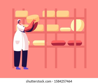 Dairy Food Producing and Retail Industry. Woman Factory Worker, Technologist Put Round Cheese Heads on Racks for Aging and Getting Prepared. Cheesemaking Process. Cartoon Flat Vector Illustration