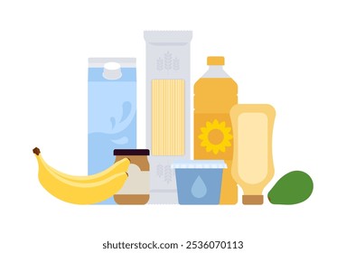 Productos lácteos: leche, pasta, frutas, aceite vegetal, yogur, mayonesa. Compra de comestibles, suministro de alimentos, cocina. Ilustración vectorial simple