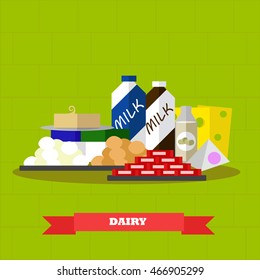 Dairy food products vector illustration in flat style design. Healthy farm food poster.