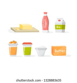 Dairy food set. Collection of product made of milk. Yoghurt and butter. Healthy meal. Vector illustration in cartoon style