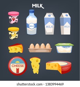 Dairy food set. Collection of product made of milk. Yoghurt and butter. Healthy meal. Vector illustration in cartoon style