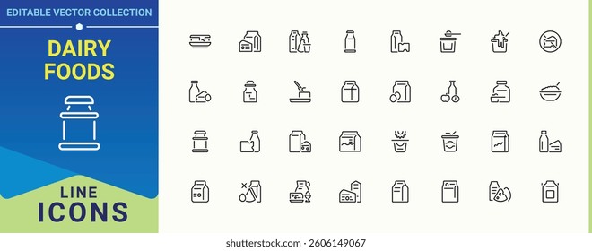 Dairy Foods icon set in linear style. Included dairy, drink, milk products and more. Dairy Products icon collection. Isolated icons. Editable stroke vector art.