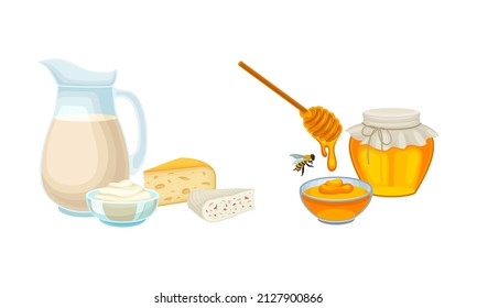 Dairy Foodstuff With Milk And Cheese And Honey In Bowl With Dipper Vector Set