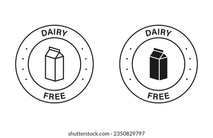 Dairy Free Black Stamp Set. Lactose Intolerance Allergy Ingredient Sign. Non Dairy, Healthy Food Logo. No Cow Milk Lactose Label. Free Dairy Diet Symbol. Isolated Vector Illustration.