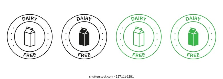 Dairy Free Green and Black Stamp Set. No Cow Milk Lactose Label. Free Dairy Diet Symbol. Lactose Intolerance Allergy Ingredient Sign. Non Dairy, Healthy Food Logo. Isolated Vector Illustration.